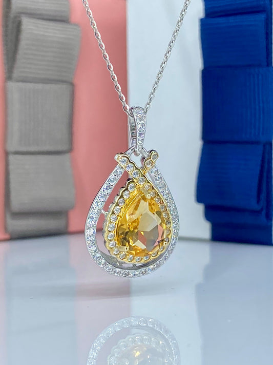 Elegant Two-tone Teardrop Citrine Pendant Necklace with Diamond Halo