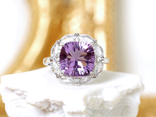 Cushion-Cut Amethyst Floral Halo Ring