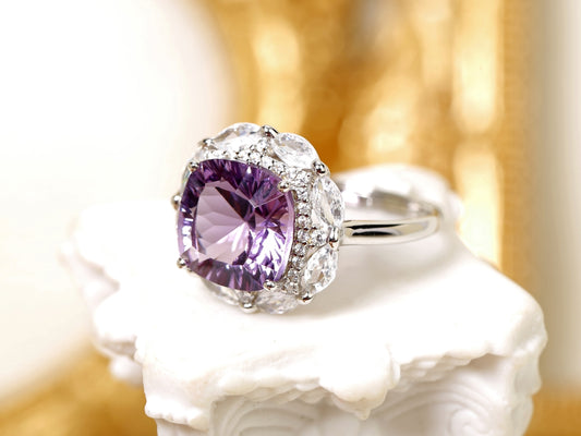 Cushion-Cut Amethyst Floral Halo Ring