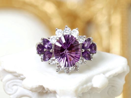 Luminous Sunburst-Cut Amethyst Floral Halo Ring