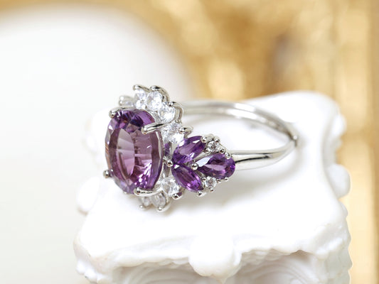 Luminous Sunburst-Cut Amethyst Floral Halo Ring