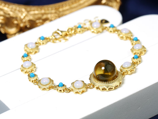 Elegant Boho-Style Blue Amber Floral Link Bracelet