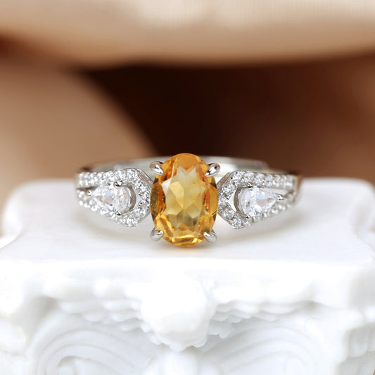 Luxury Oval-Cut Citrine Ring with Symmetrical Pear Crystal Accents