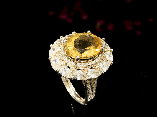Luxury Radiant Golden Citrine with Marquise Crystal Frame Ring