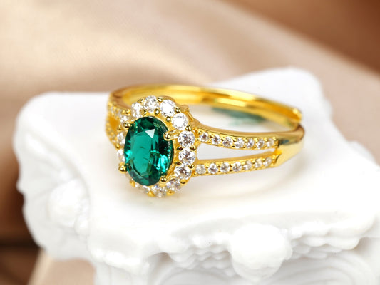 Gold-Plated S925 Silver Lab-Grown Emerald Ring