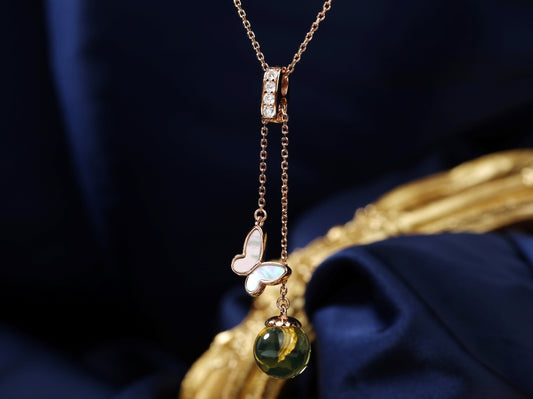 Butterfly Blue Amber Lariat Necklace