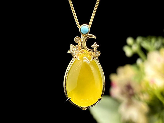 Starlit Moon · Golden Prehnite Pendant with Turquoise & 18K Gold