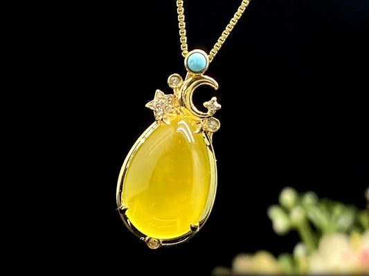 Starlit Moon · Golden Prehnite Pendant with Turquoise & 18K Gold