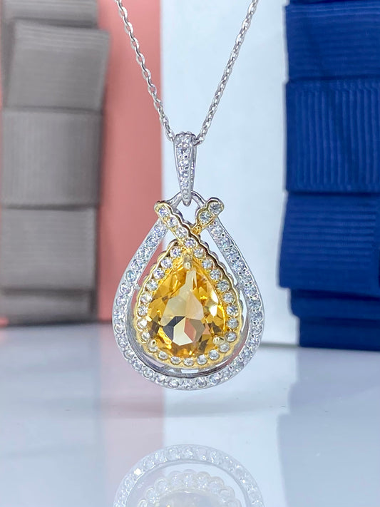 Elegant Two-tone Teardrop Citrine Pendant Necklace with Diamond Halo