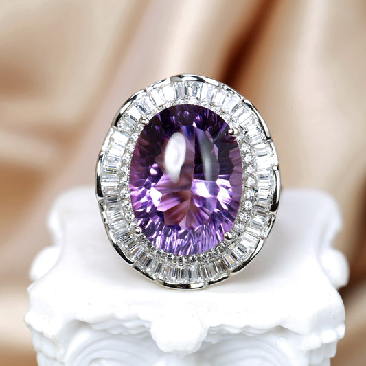 Oval-Cut Amethyst Baguette Halo Ring
