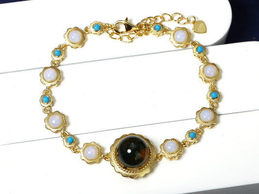 Elegant Boho-Style Blue Amber Floral Link Bracelet