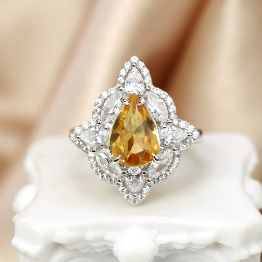 Ornate Golden Citrine Radiant Halo Statement Ring