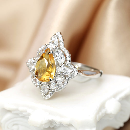 Ornate Golden Citrine Radiant Halo Statement Ring