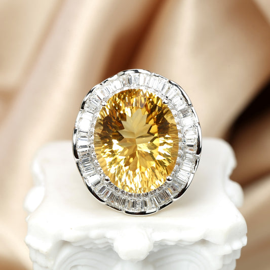 Opulent Golden Citrine Cocktail Ring with Baguette Crystal Frame