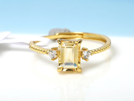 Dainty Gold-Tone Emerald-Cut Citrine Ring with Diamond Accents