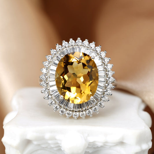 Opulent Large Oval Citrine Double Halo Cocktail Ring
