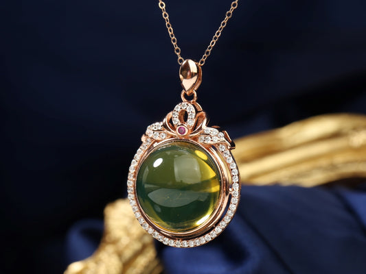Rose Gold Crown Blue Amber Pendant