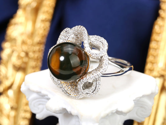 Blue Amber Flower Halo Ring