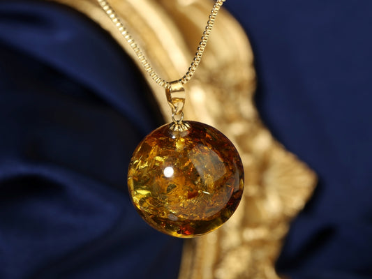 18K Gold Floral Amber Sphere Pendant