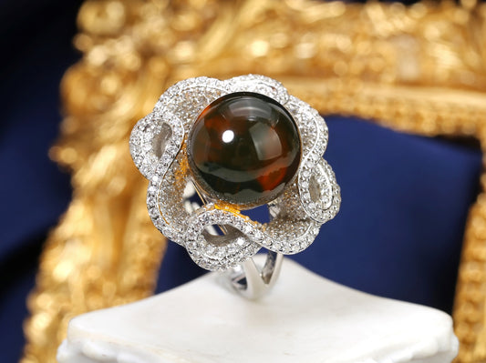 Blue Amber Flower Halo Ring