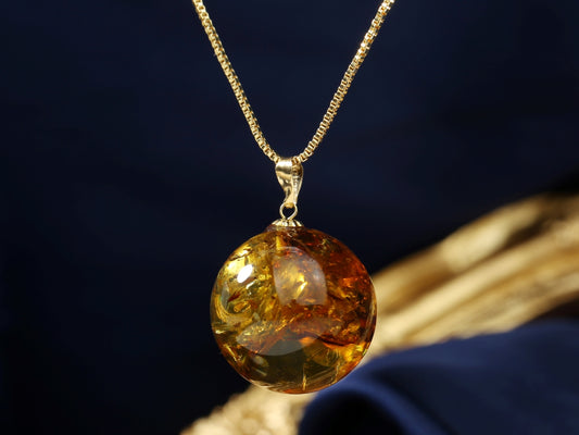 18K Gold Floral Amber Sphere Pendant