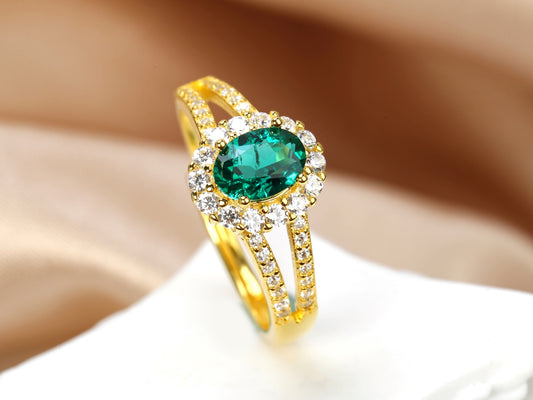 Gold-Plated S925 Silver Lab-Grown Emerald Ring