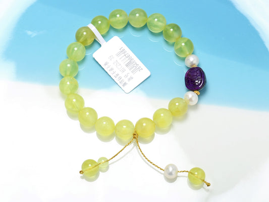 Longevity Shell · Golden Prehnite & Carved Sugilite Bracelet