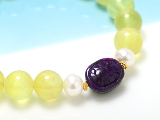 Longevity Shell · Golden Prehnite & Carved Sugilite Bracelet