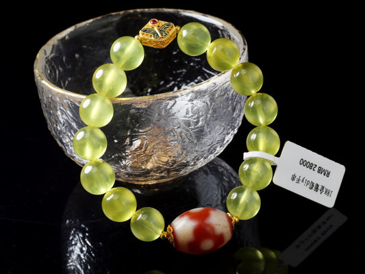 Sky Blessing · Prehnite Bracelet with Dzi Bead & 18K Enamel Gold