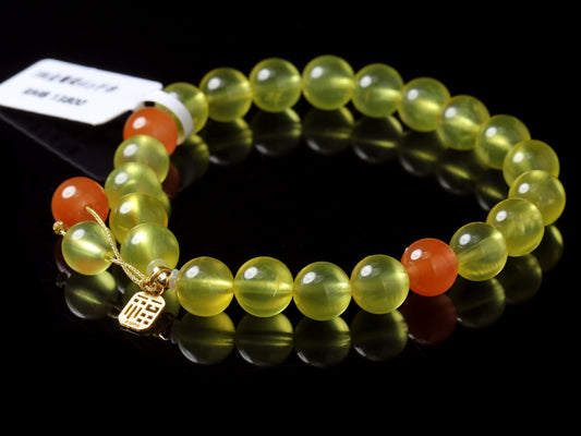 Golden Bless · Prehnite & South Red Bracelet with 18K “福” Charm