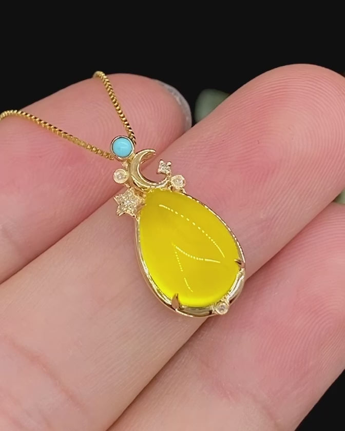 Starlit Moon · Golden Prehnite Pendant with Turquoise & 18K Gold